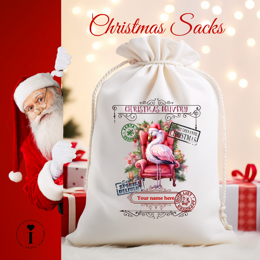 Personalized Santa Christmas Sack DTF Transfer – Custom Holiday Gift Bag Design - Xmas Flamingo