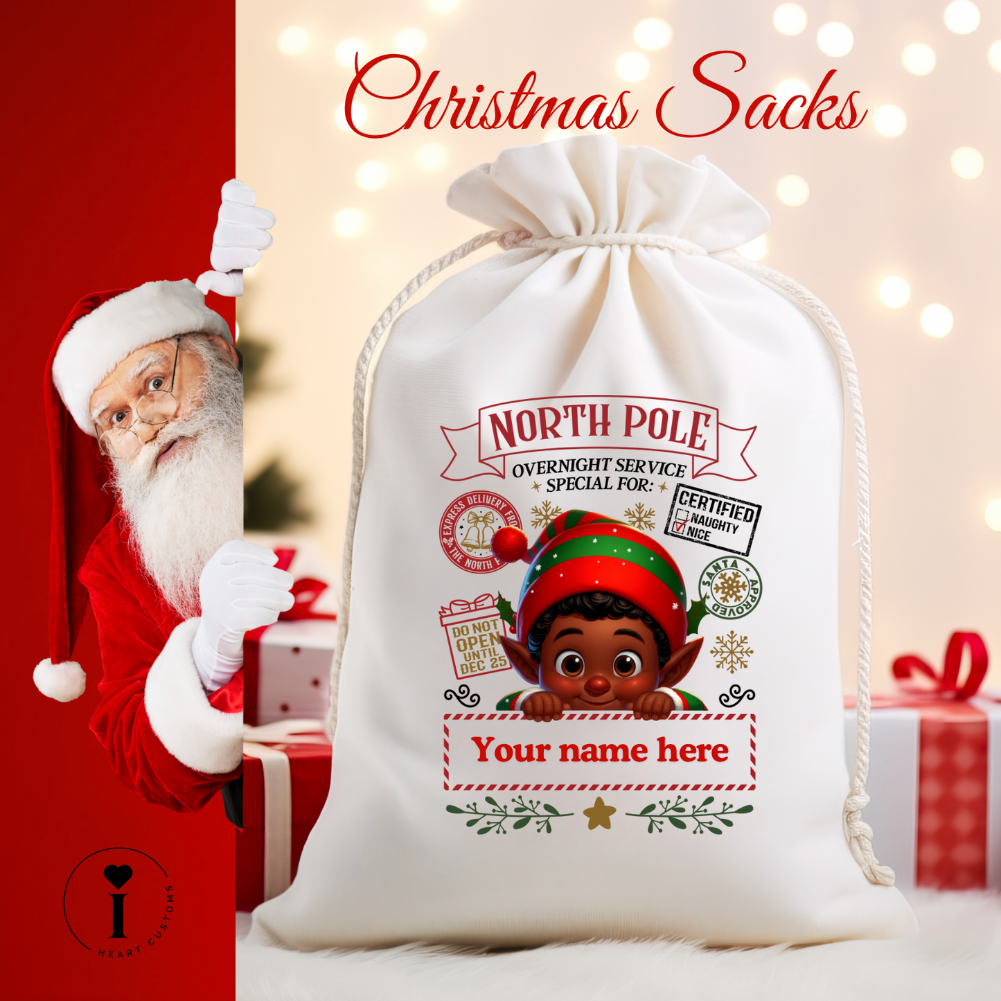 Personalized Santa Christmas Sack DTF Transfer – Custom Holiday Gift Bag Design - Cute Little Elf