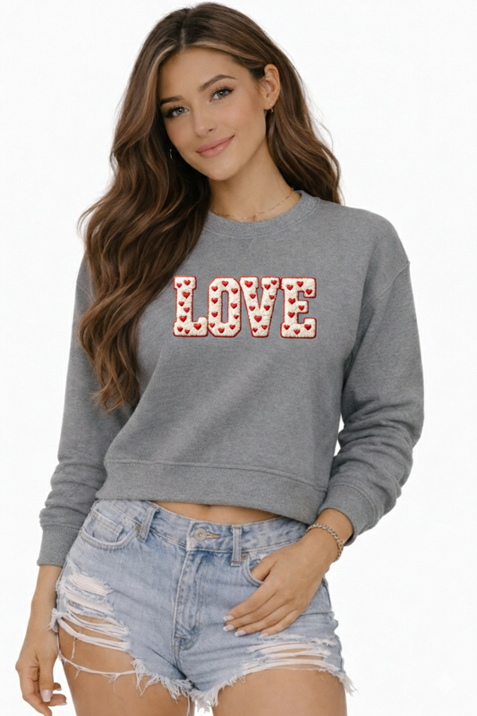 LOVE Cropped Sweatshirt – Faux Chenille Plush Embroidery–Style Valentine Design