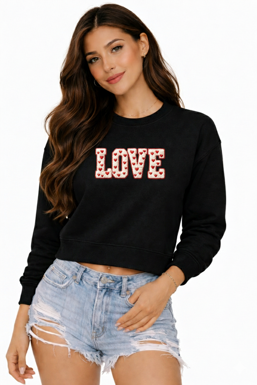 LOVE Cropped Sweatshirt – Faux Chenille Plush Embroidery–Style Valentine Design