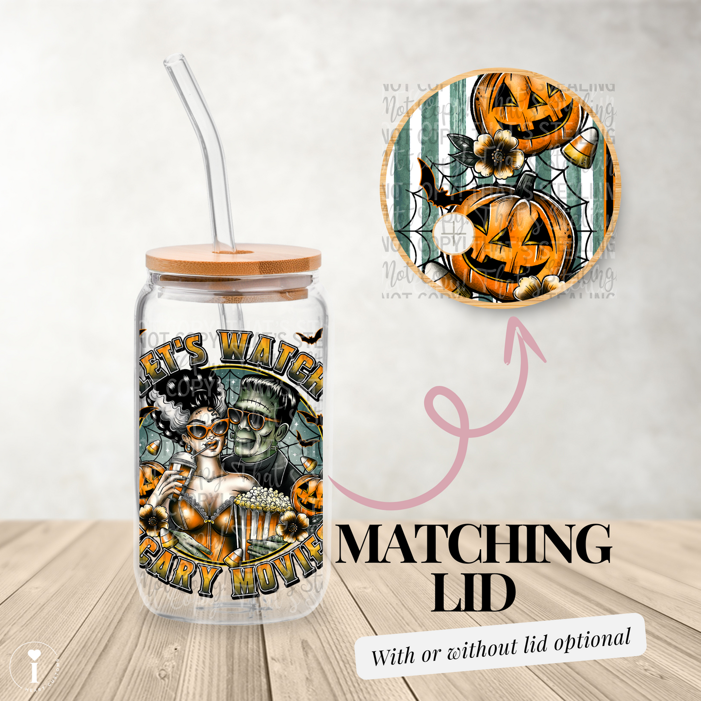 Halloween Lets watch movies - 16oz UV DTF Transfer Film Wrap and Matching Lid G094