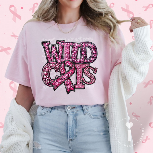 Wildcats Breast Cancer Sports Mascot Faux Embroidered Faux Rhinestone DTF Transfer Film TE094