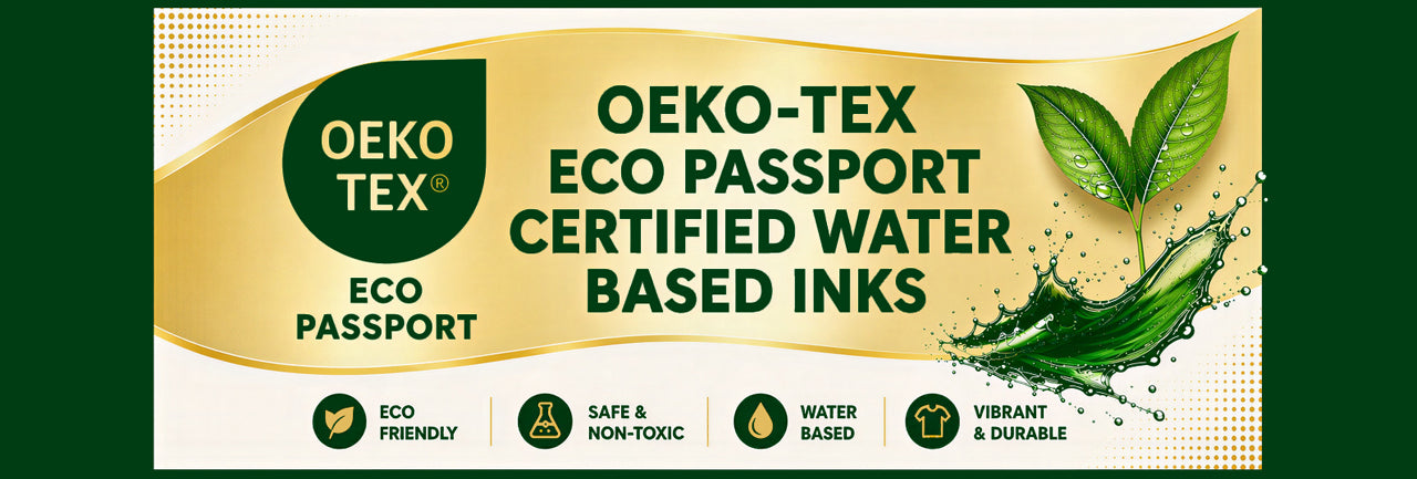 Oeko-Tex Eco Passport certified water-based inks packaging with green leaves and water splash.