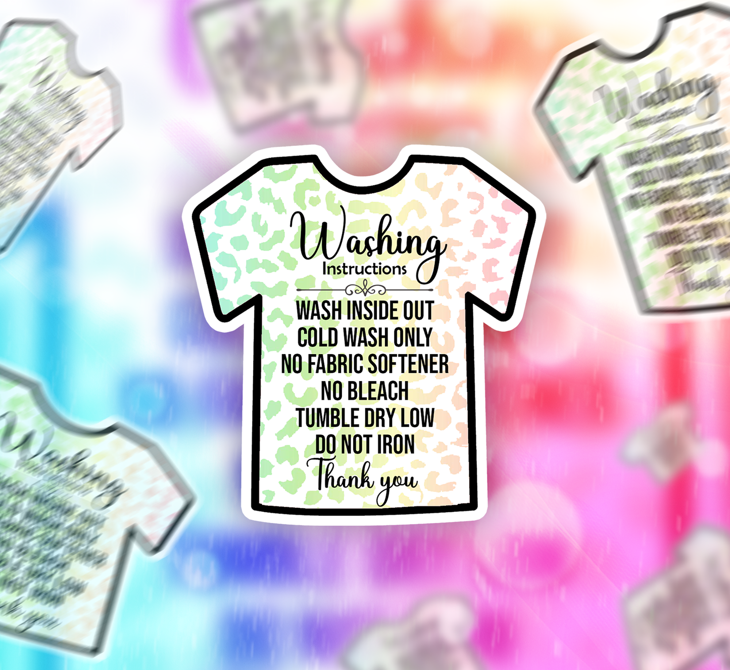 Packaging Care Card Stickers - Tshirt Care instructions - Rainbow Leopard Thank you