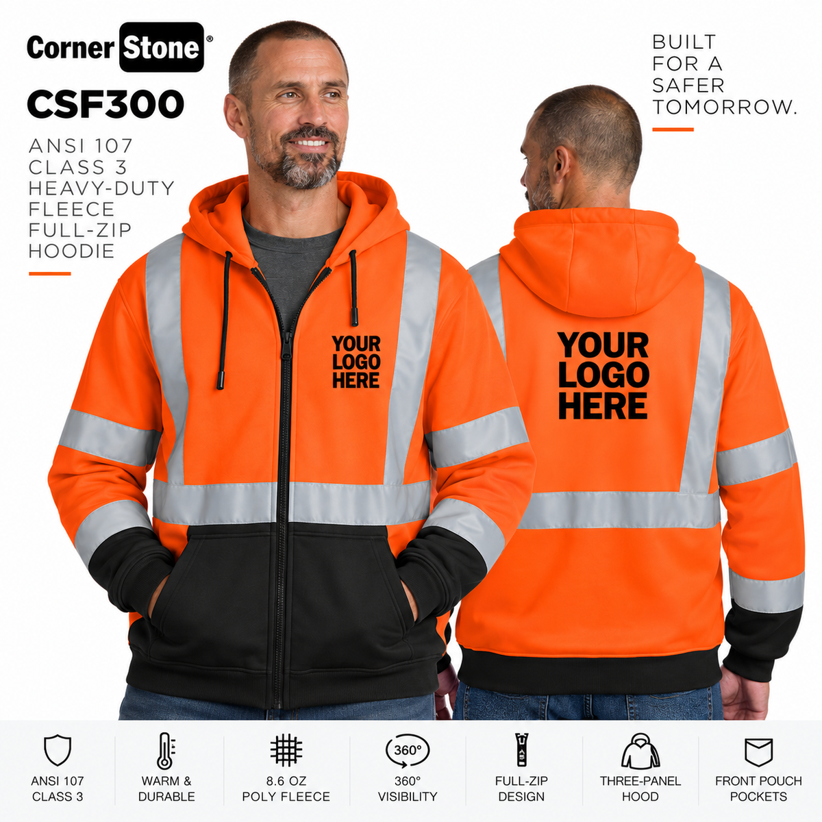 Custom ANSI Class 3 Full-Zip Safety Hoodie | CornerStone CSF300
