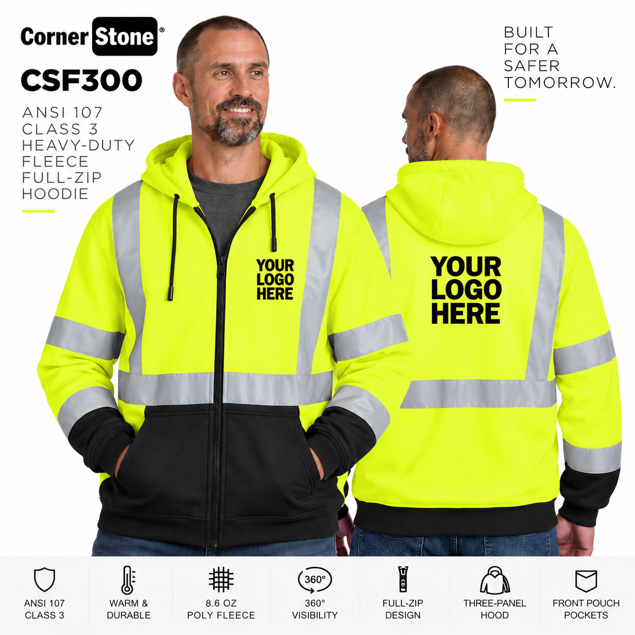 Custom ANSI Class 3 Full-Zip Safety Hoodie | CornerStone CSF300