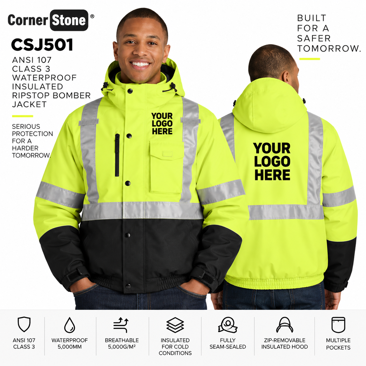Custom ANSI Class 3 Waterproof Insulated Bomber Jacket | CornerStone CSJ501
