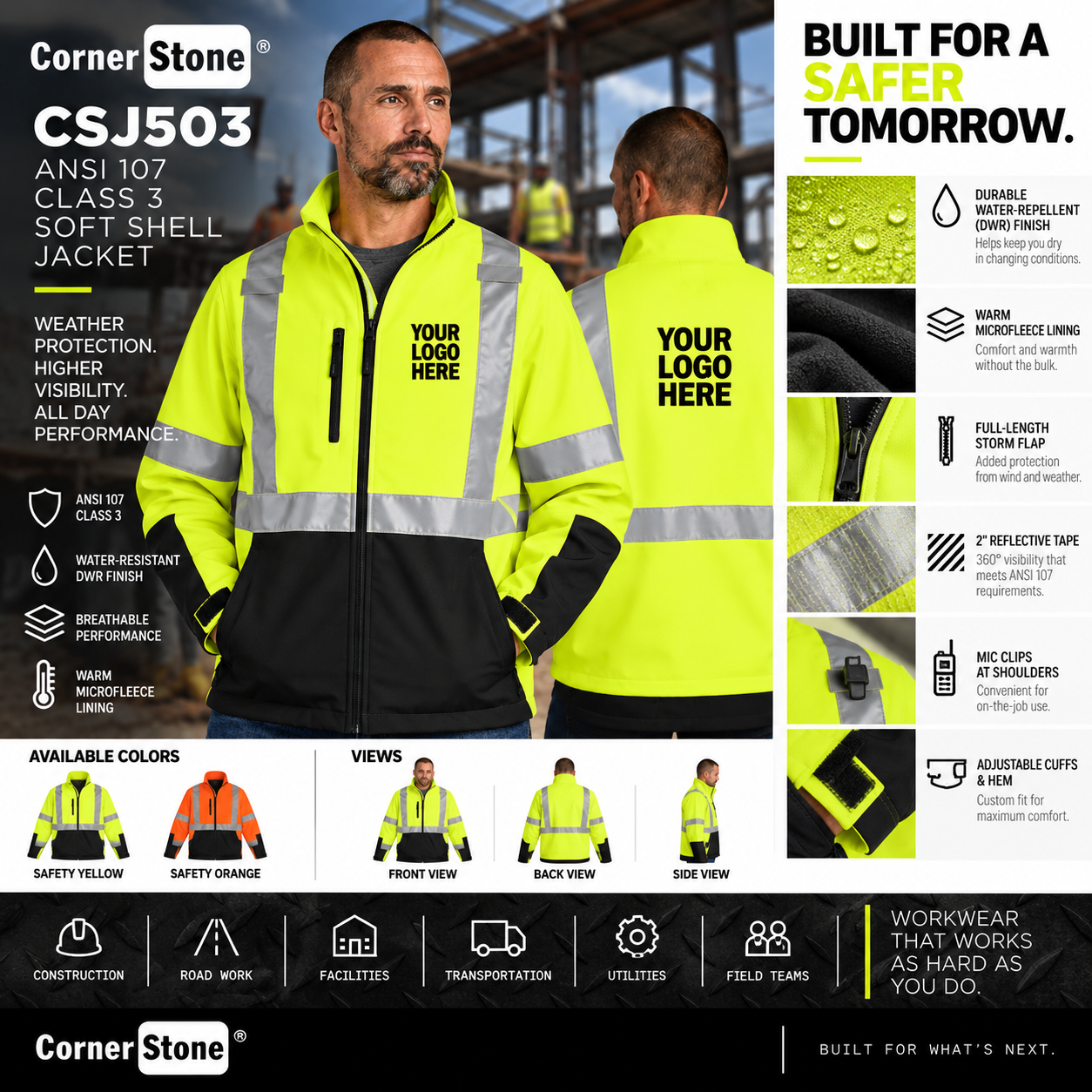 Custom ANSI Class 3 Soft Shell Jacket | CornerStone CSJ503