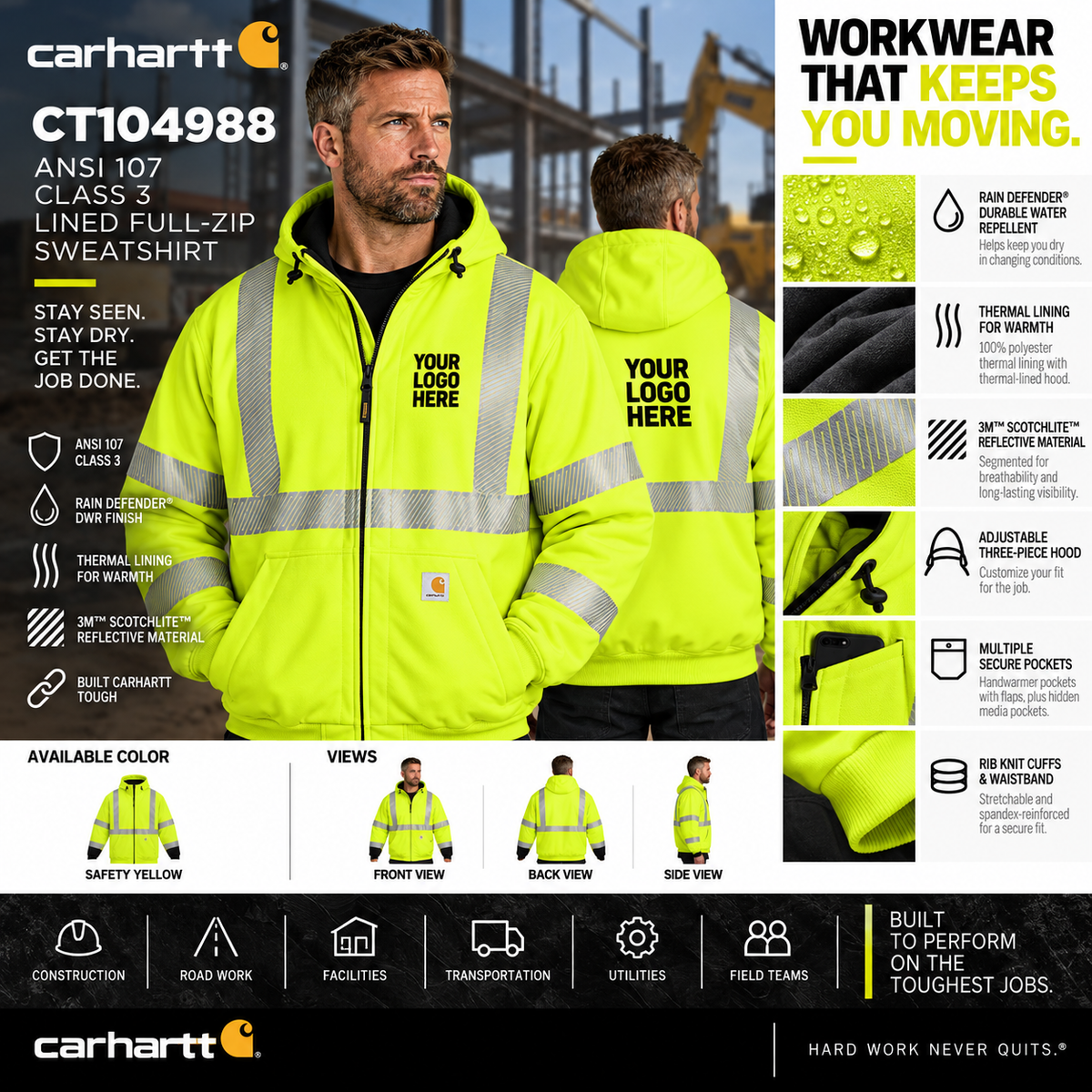 Custom Carhartt ANSI Class 3 High-Visibility Full-Zip Hoodie | CT104988