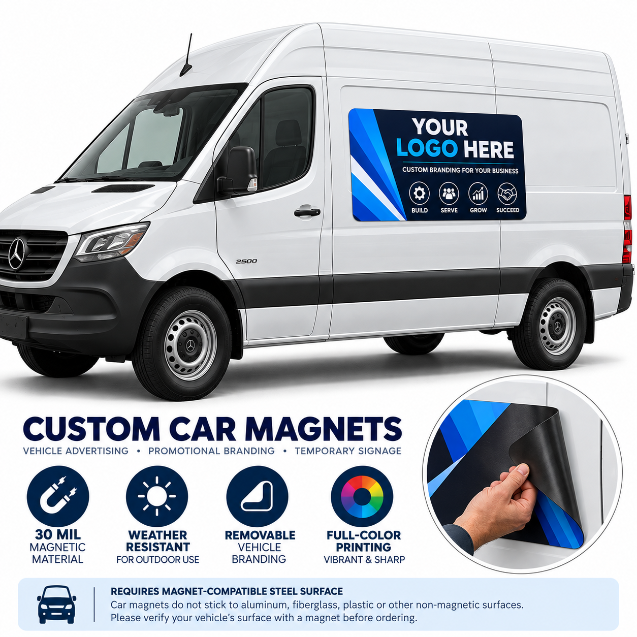 A white Mercedes-Benz cargo van with a large custom car magnet advertisement applied to its side door, shown on a light gray background with feature callouts and a circular inset demonstrating the magnet being peeled off.