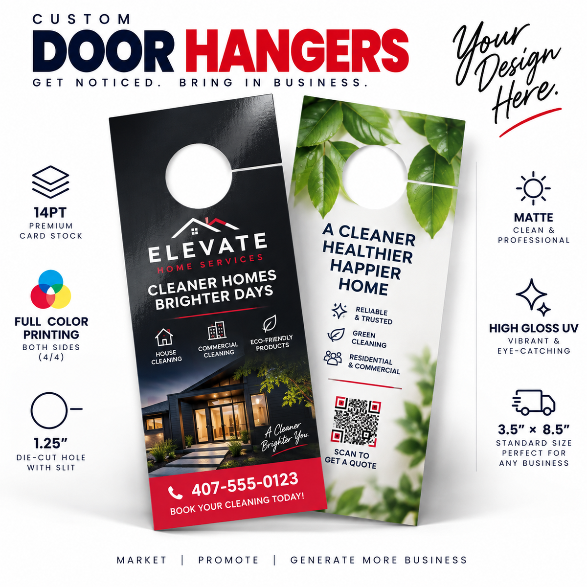 Custom door hangers shown on a white promotional background with marketing text and feature callouts. The hangers are printed with company branding, phone number, QR code, and green leaf graphics, and one hanger is shown hanging from a simulated door handle.