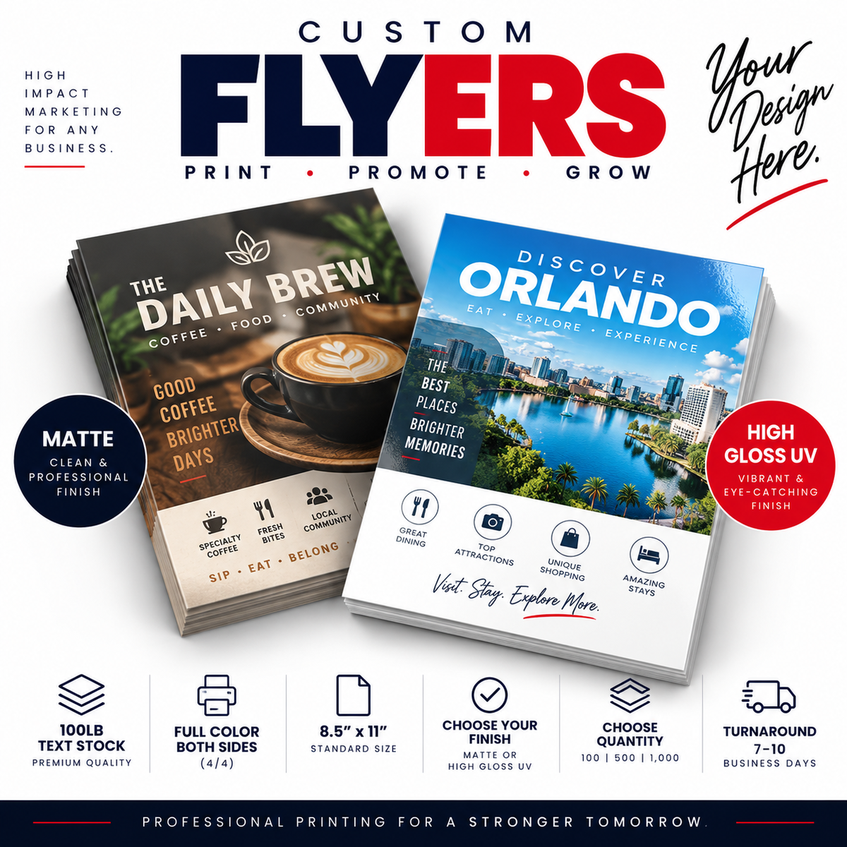 Custom business flyers template and sample print product presentation. The image shows two sample printed flyers, one matte black/white coffee-themed flyer titled 'The Daily Brew' and one glossy blue/white cityscape flyer titled 'Discover Orlando'.