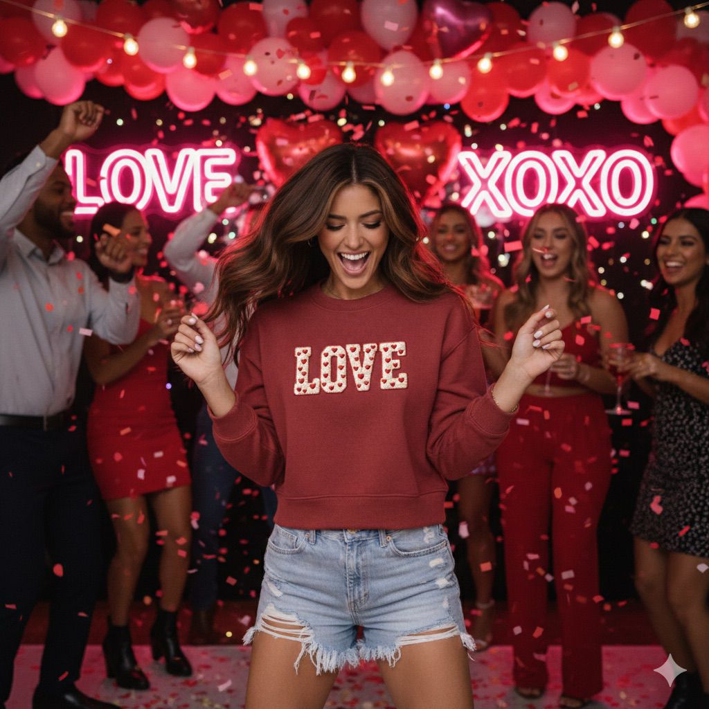 LOVE Cropped Sweatshirt – Faux Chenille Plush Embroidery–Style Valentine Design