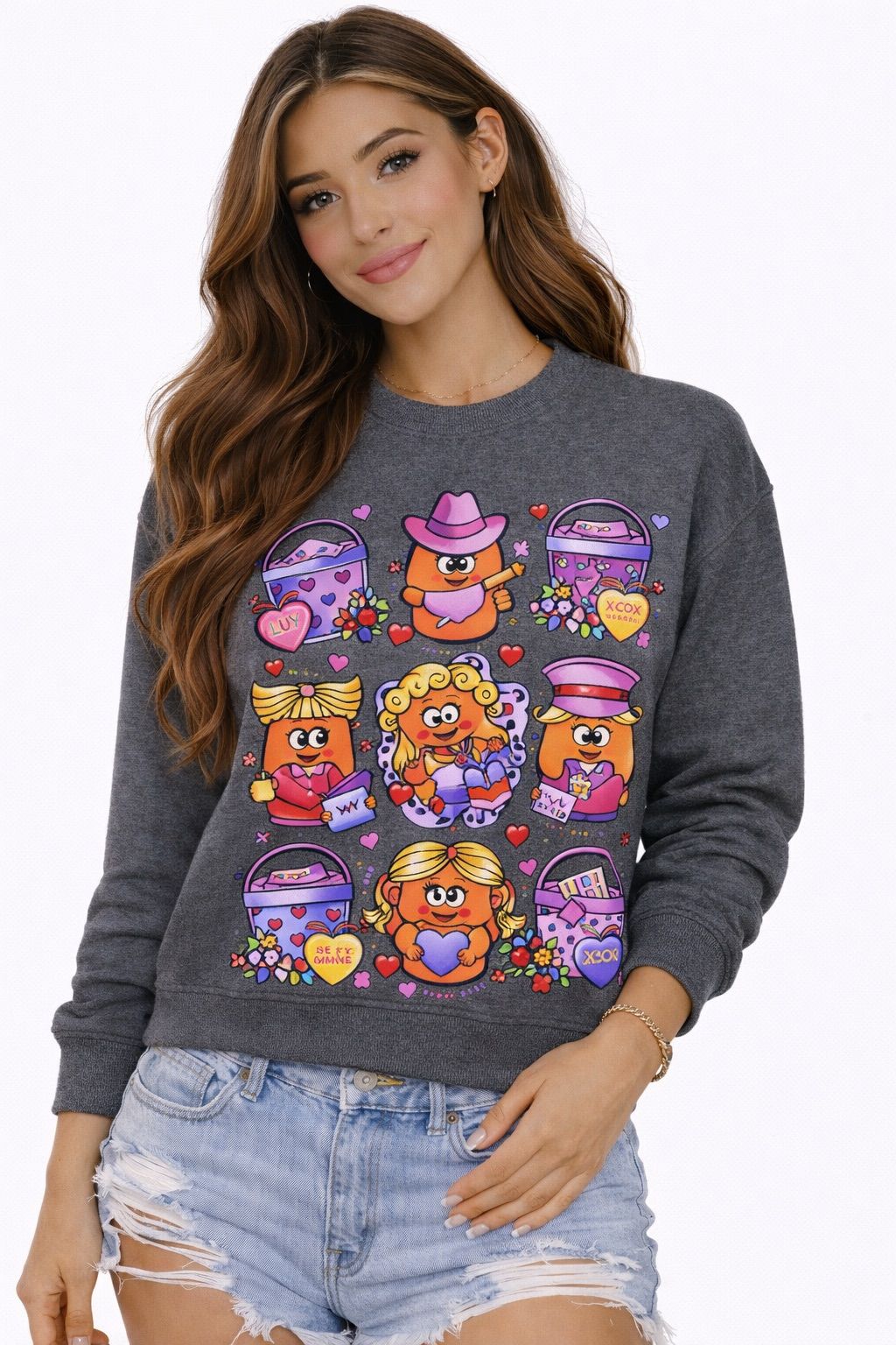 Valentine’s Day Munchkin Nuggets Cropped Sweatshirt – Cute Faux Embroidery Design