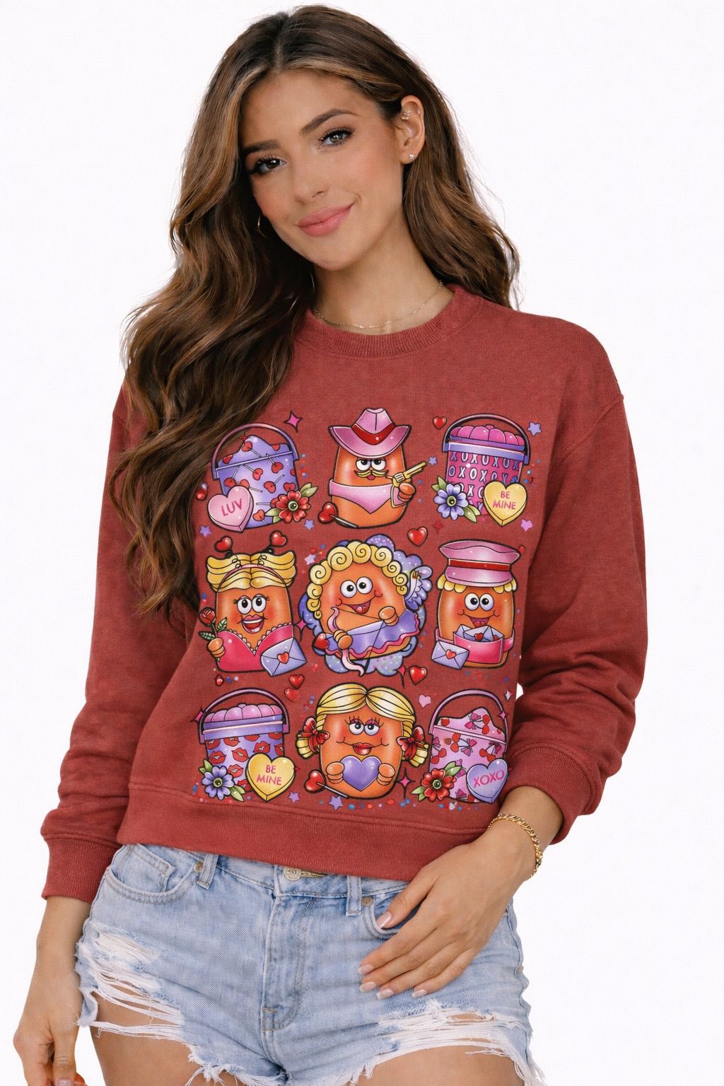 Valentine’s Day Munchkin Nuggets Cropped Sweatshirt – Cute Faux Embroidery Design