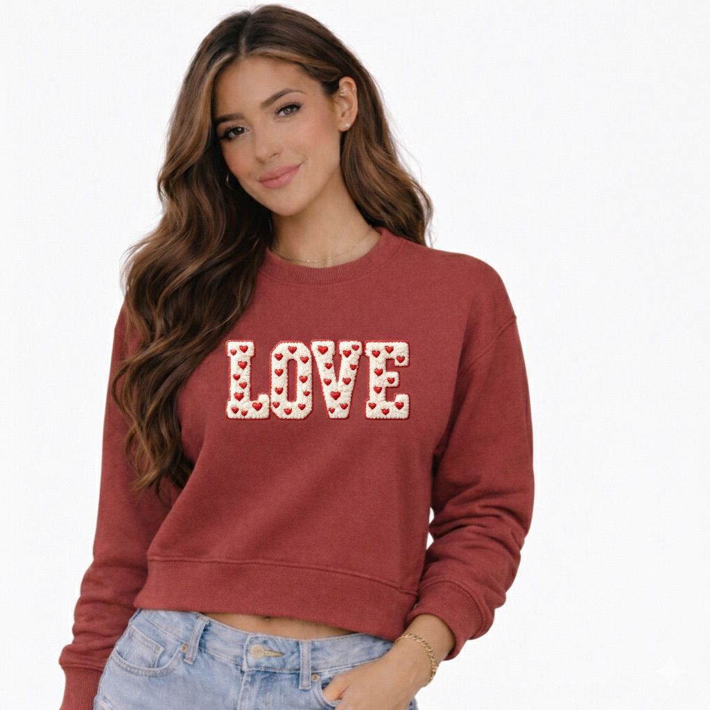LOVE Cropped Sweatshirt – Faux Chenille Plush Embroidery–Style Valentine Design