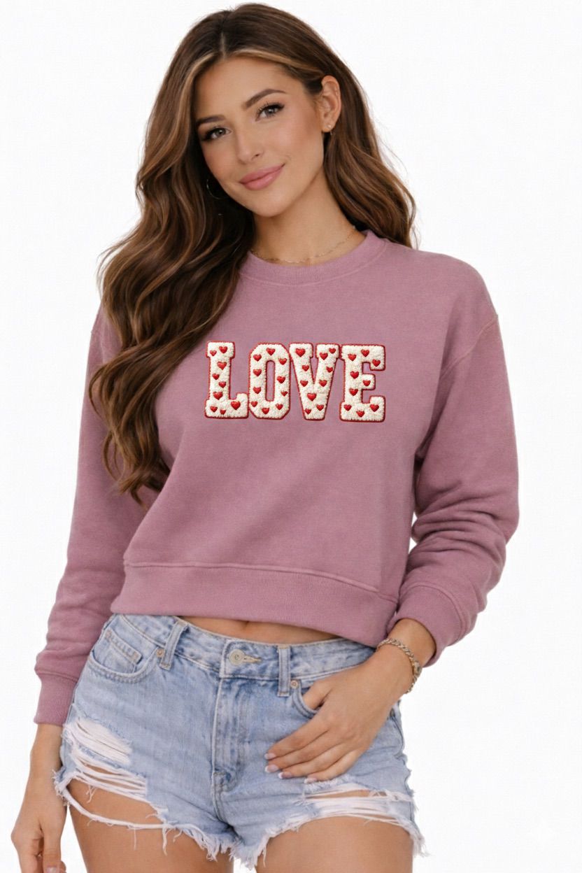 LOVE Cropped Sweatshirt – Faux Chenille Plush Embroidery–Style Valentine Design