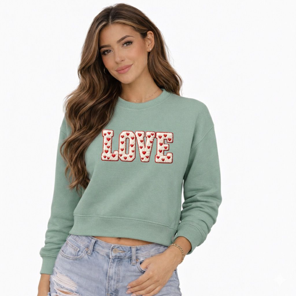 LOVE Cropped Sweatshirt – Faux Chenille Plush Embroidery–Style Valentine Design
