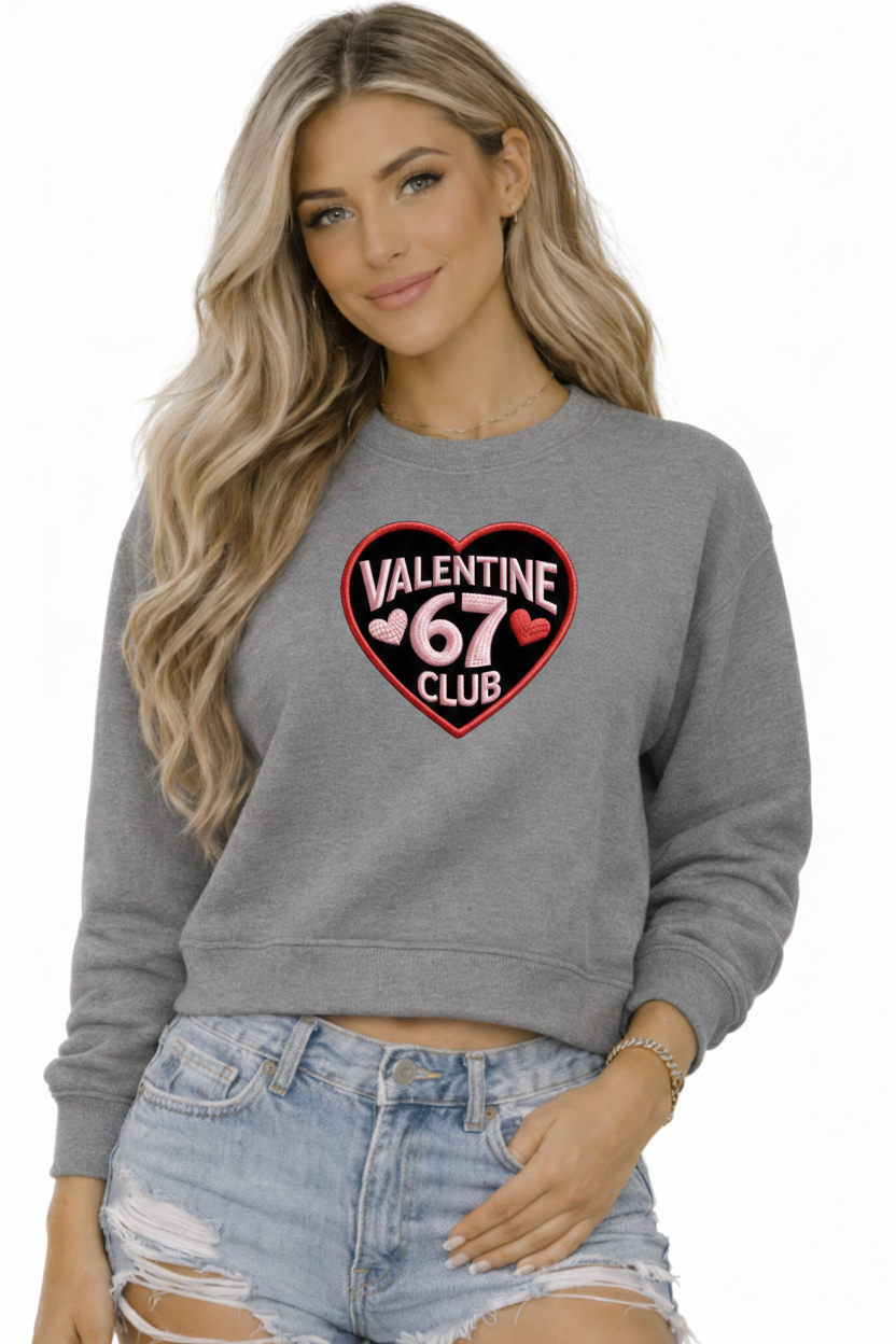 Valentine Club 67 Cropped Sweatshirt – Faux Embroidery Valentine Design