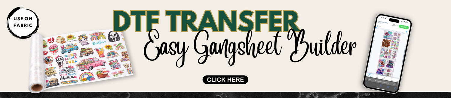 DTF transfer easy gangsheet builder from iHeartCustoms to upload designs, arrange artwork, and order custom DTF transfers for apparel printing.