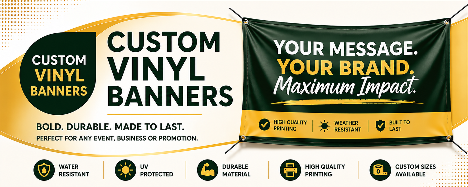 Promotional banner for custom vinyl banners with text and icons on a white background.