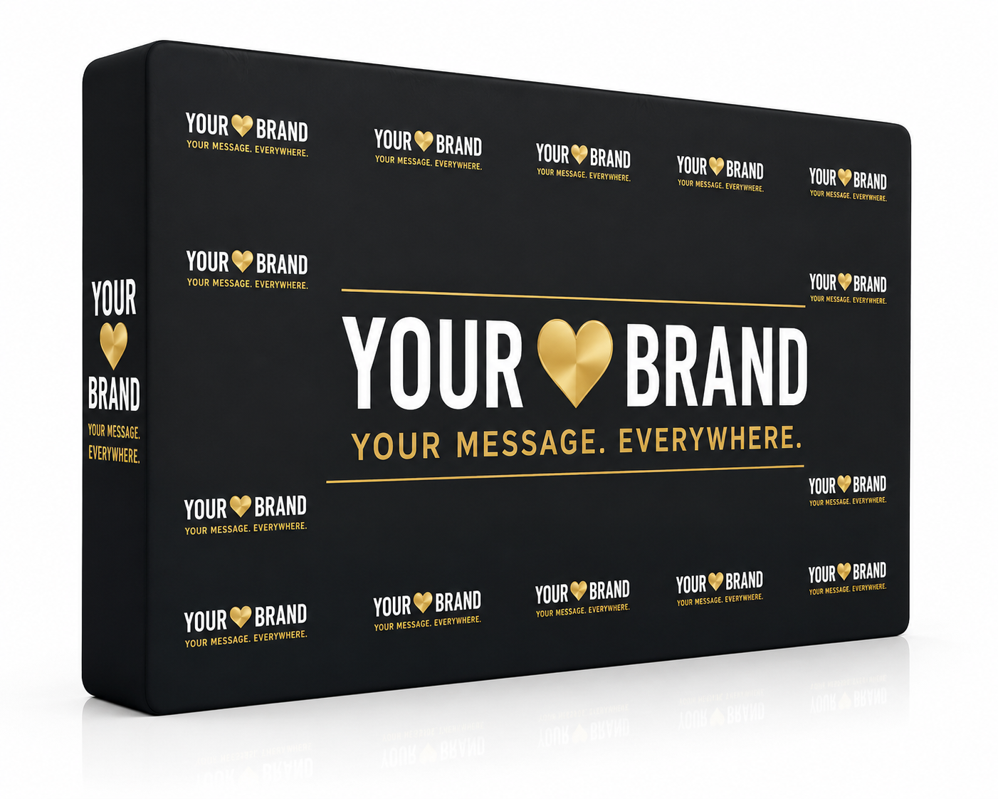A black rectangular product box shown at a slight angle on a white background, with repeated gold and white 'YOUR BRAND' text and a large central 'YOUR BRAND' logo featuring a gold heart.