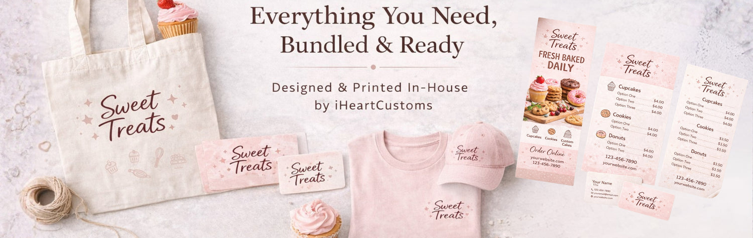 Complete business branding packages featuring custom apparel, print materials, signage, and merch designed and printed in-house by iHeartCustoms