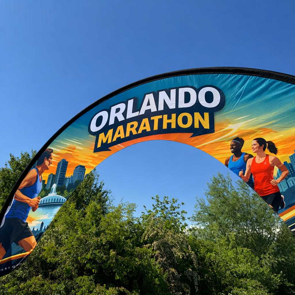 Giant flex arch flag banner used as an event entrance display printed in Orlando