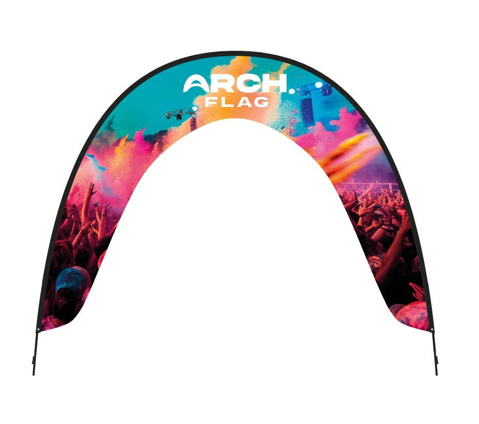 Giant flex arch flag banner used as an event entrance display printed in Orlando