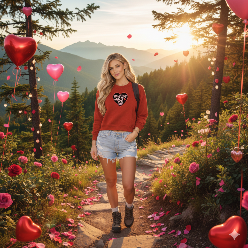 Valentine Club 67 Cropped Sweatshirt – Faux Embroidery Valentine Design