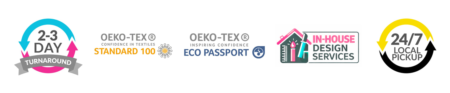 DTF and UV DTF printing trust badges by iHeartCustoms featuring OEKO-TEX certification, in-house design services, fast turnaround, and 24/7 Orlando local pickup