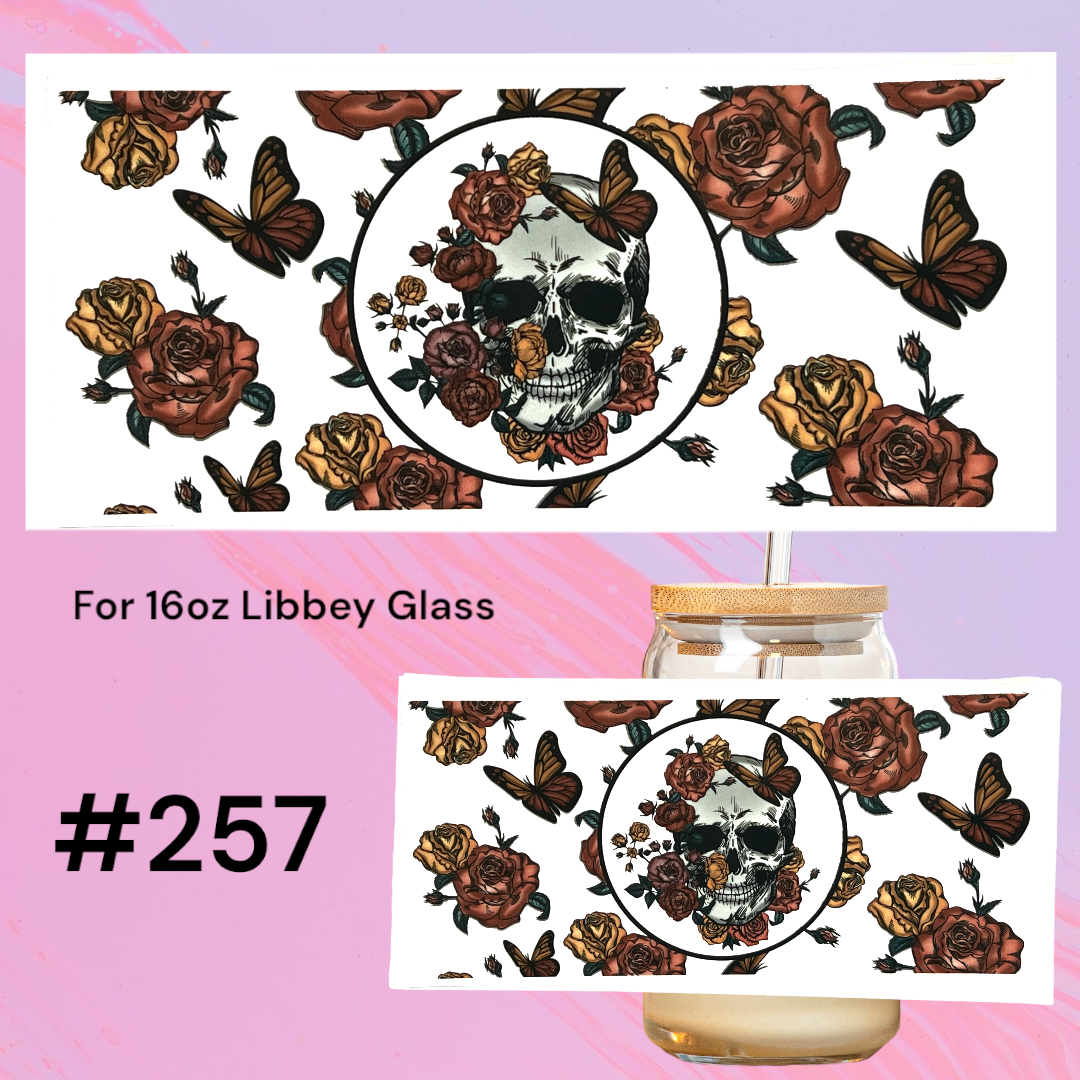 Butterfly Roses and skull 257 UV DTF 16oz Glass Wrap