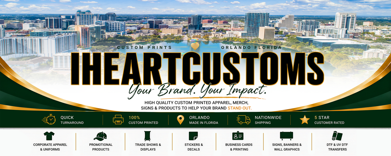 Promotional banner for I Heart Customs with a cityscape background and various services listed.
