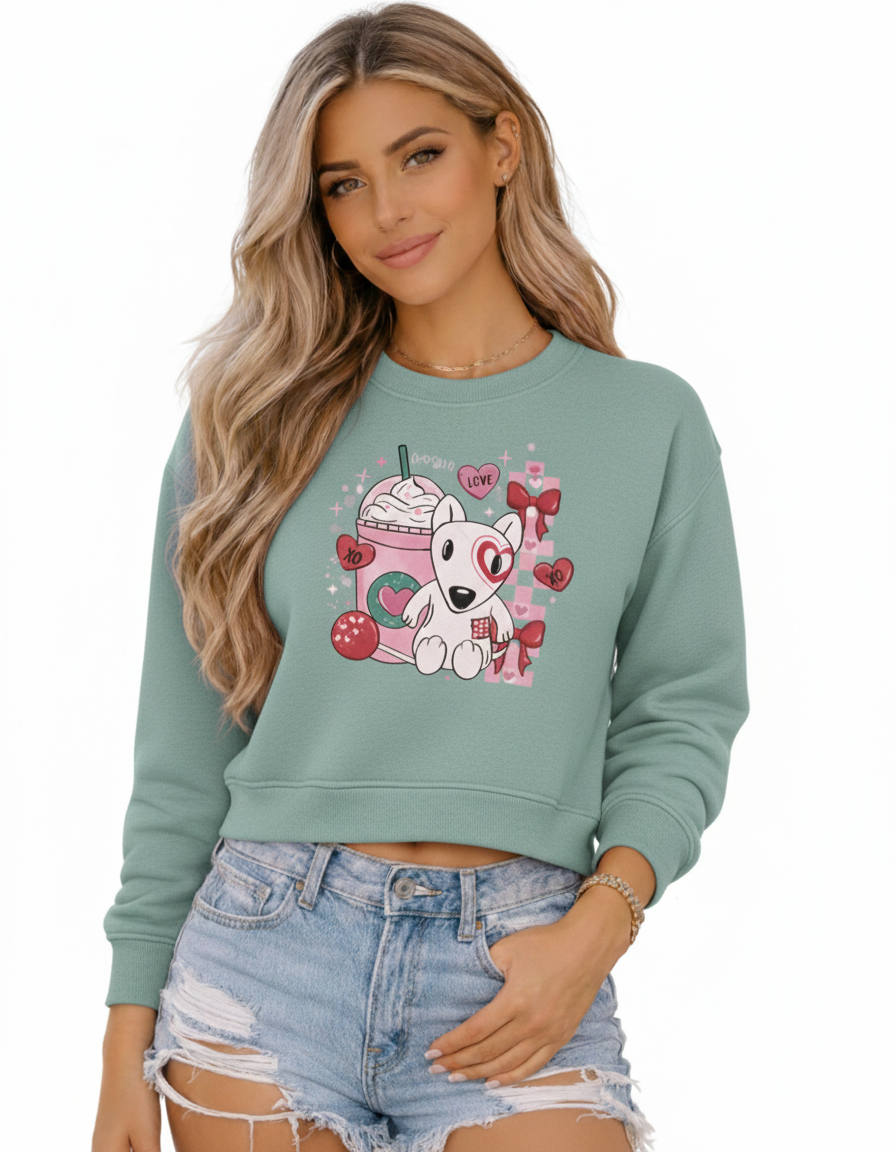 Women’s Cropped Crewneck Sweatshirt – Bella+Canvas 7503 | Valentine Frappe Dog (TG124)