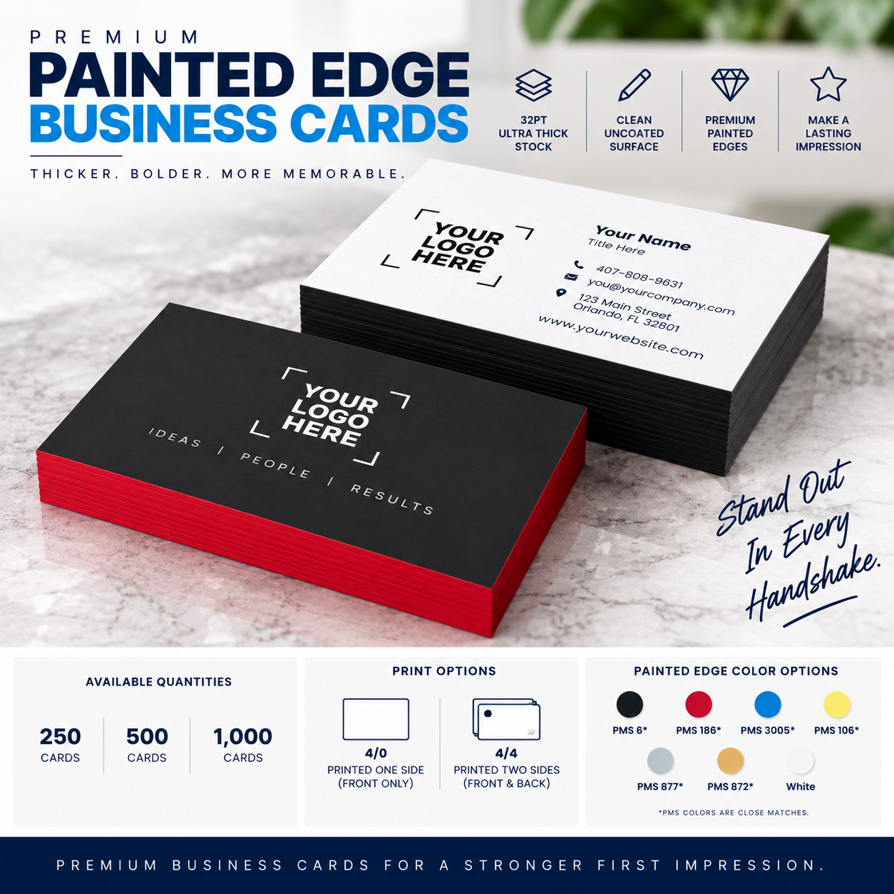 Promotional graphic for premium painted edge business cards showing two sample cards stacked and angled on a marble surface, with feature callouts, quantity options, print options, and color swatches. The cards are shown in black-and-white and black-and-red colorways.