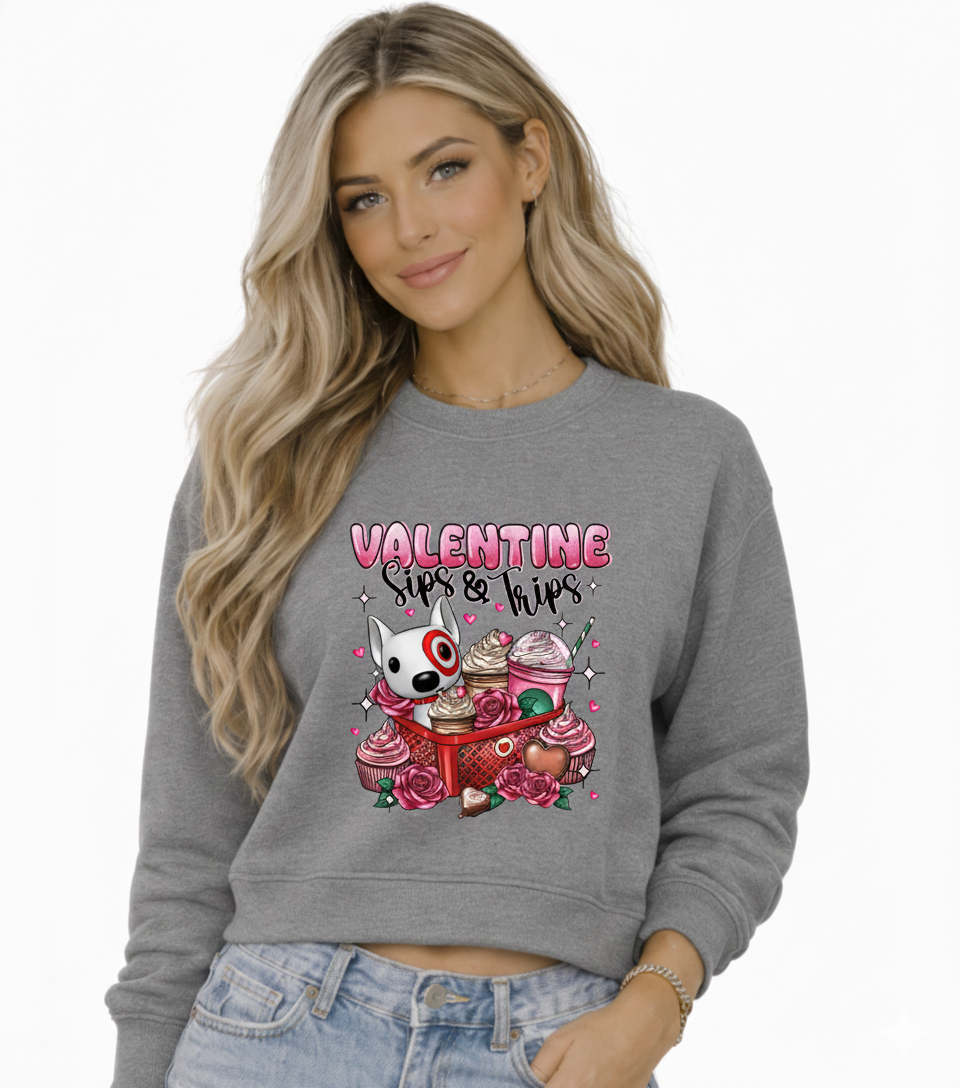 Sips & Trips Valentine Sweatshirt – Coffee & Travel Inspired Valentine Design