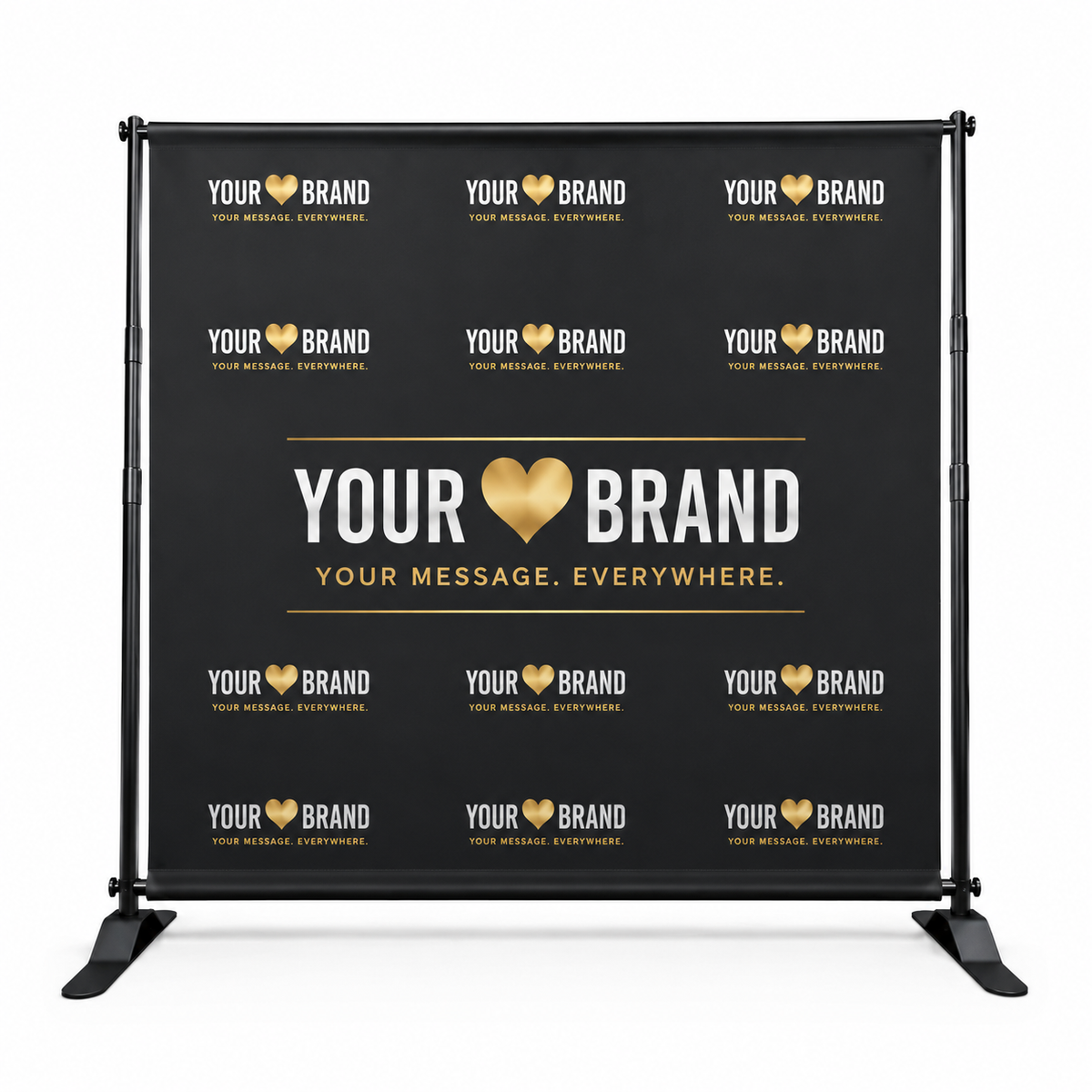 A black freestanding banner stand with a custom printed backdrop featuring a repeating 'YOUR BRAND' logo pattern in white and gold, with the central text 'YOUR BRAND' and 'YOUR MESSAGE. EVERYWHERE.