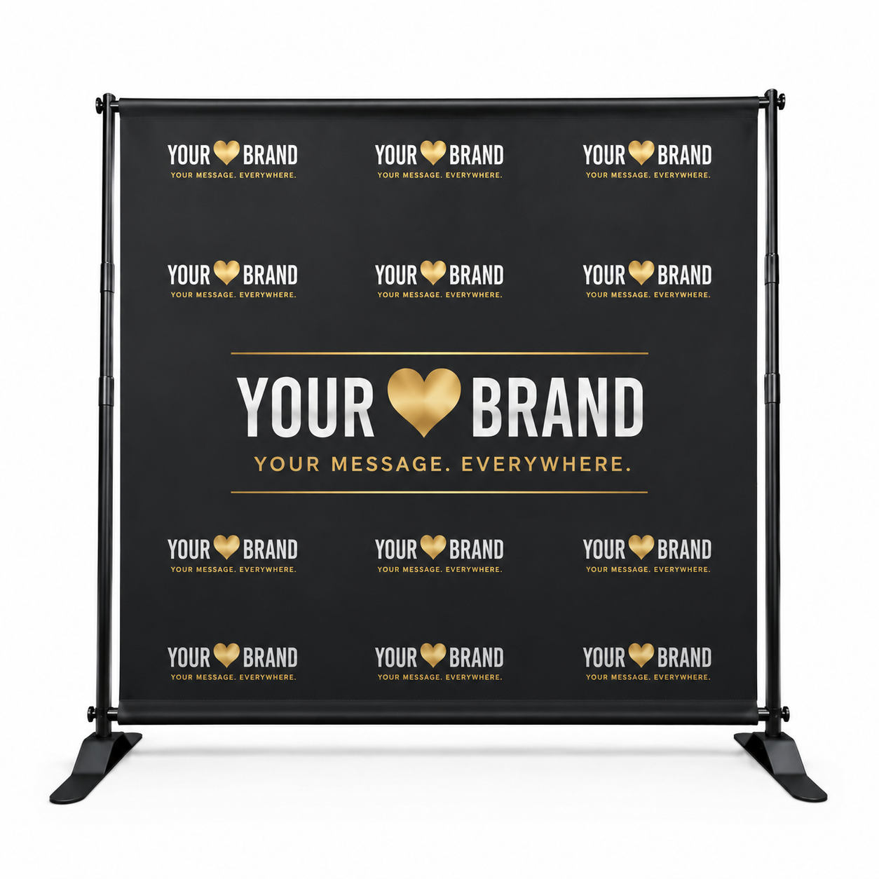 A black freestanding banner stand with a custom printed backdrop featuring a repeating 'YOUR BRAND' logo pattern in white and gold, with the central text 'YOUR BRAND' and 'YOUR MESSAGE. EVERYWHERE.