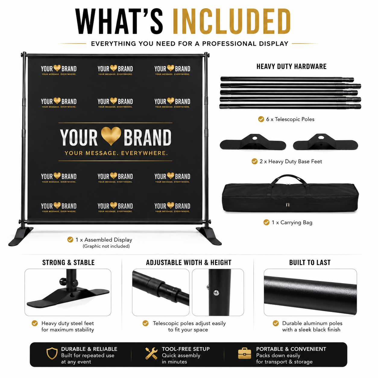 An infographic detailing the included components of a portable display stand set, featuring a black assembled display, heavy-duty steel feet, telescoping poles, a carrying bag, and various hardware accessories, all labeled with text on a white background.