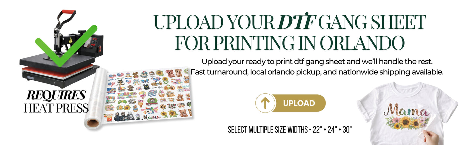 Upload your DTF gangsheet for printing in Orlando at iHeartCustoms with fast turnaround, local pickup, and nationwide shipping for custom DTF transfers.