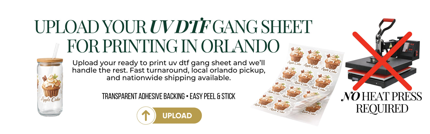 Upload your UV DTF gangsheet for printing in Orlando at iHeartCustoms. Order custom UV DTF transfers for cups, glass, and hard surfaces with fast turnaround, local pickup, and nationwide shipping.