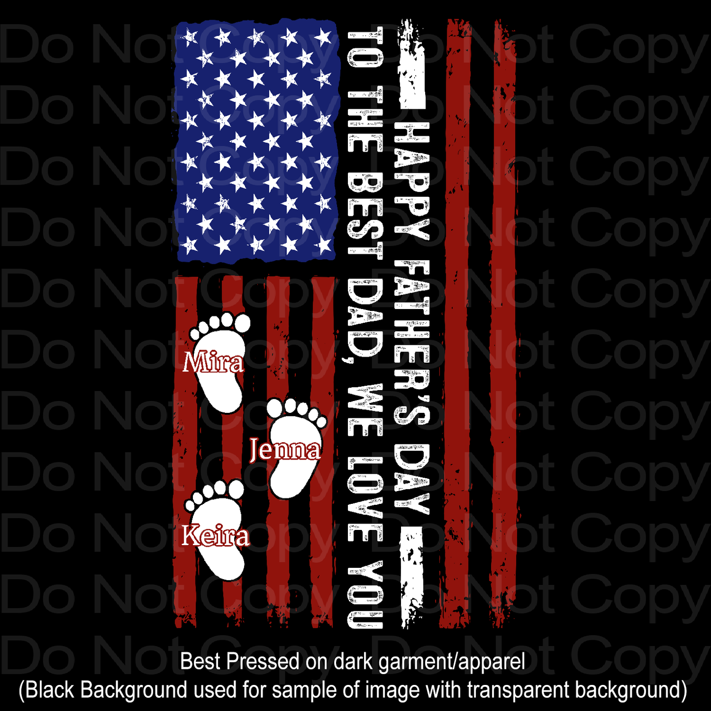 Customize it! US FLAG Best DAD Foot Print with Kid(s) Name, Up to 5 Names Transfer Film 5022