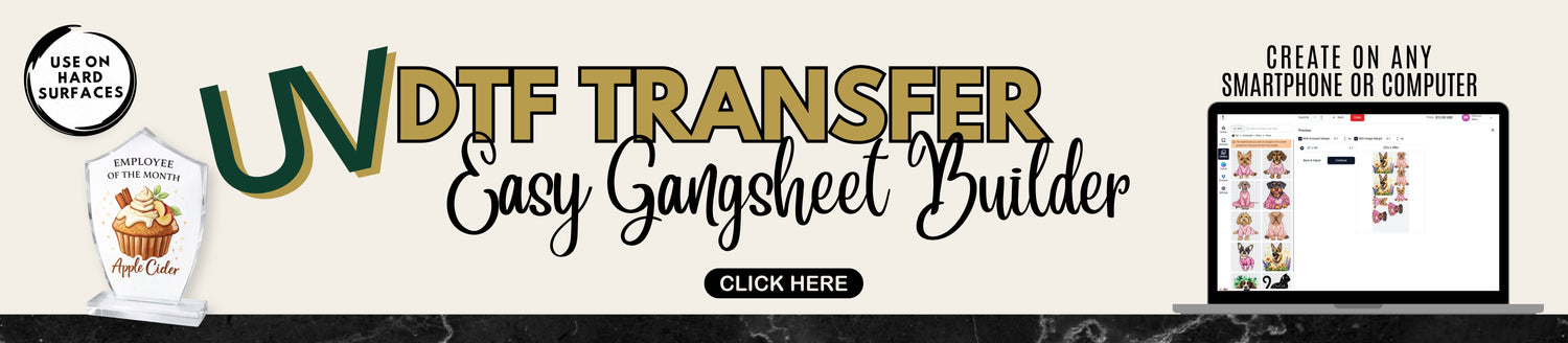 UV DTF transfer gangsheet builder from iHeartCustoms allowing customers to create custom UV DTF sticker sheets on phone or computer for cups, glass, and hard surfaces.