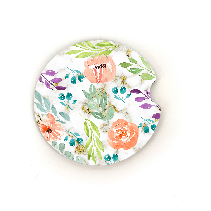 Watercolor Flowers on Marble Car Coaster Set